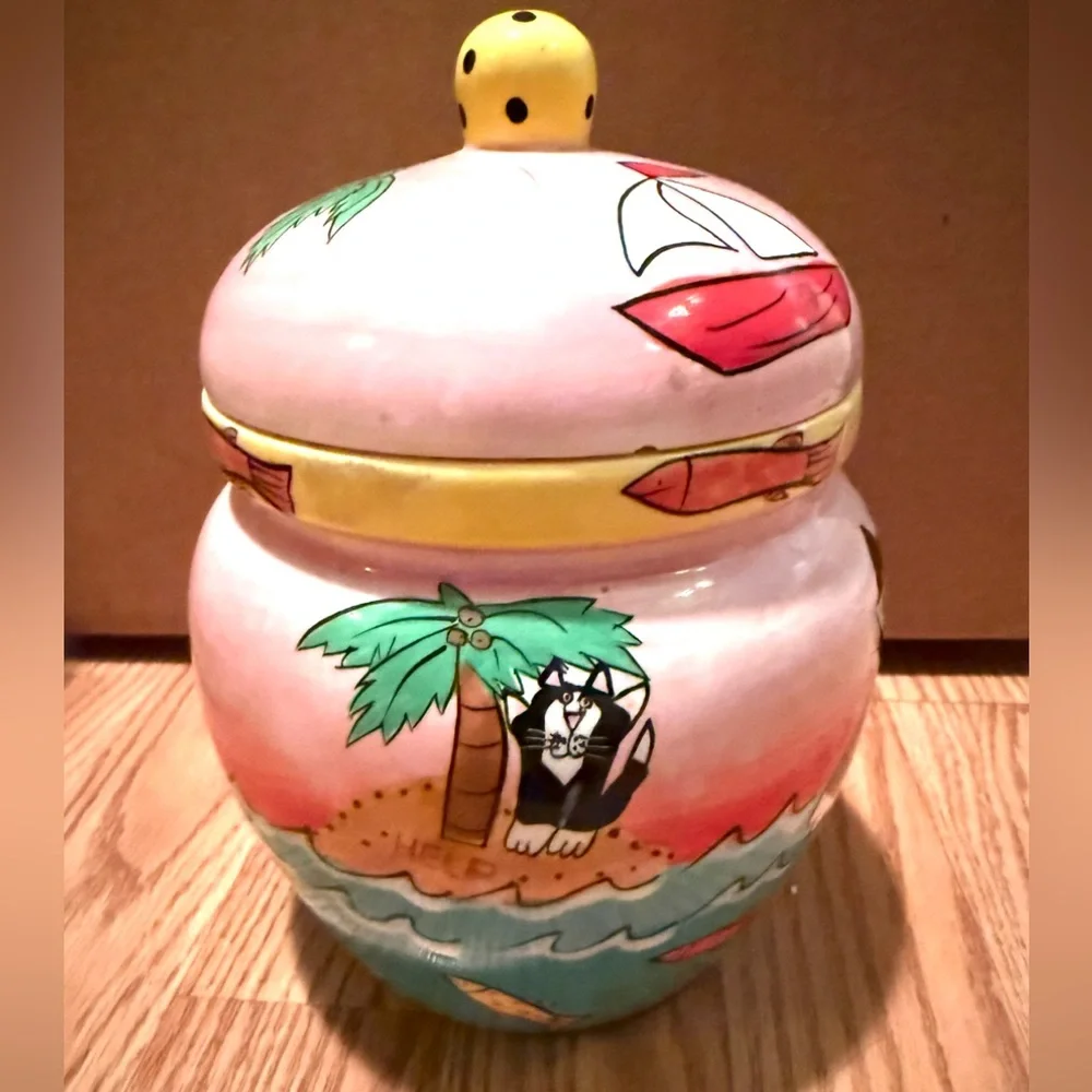 Catzilla 2003 Candace Reiter hand-painted ceramic cat treat jar or canister